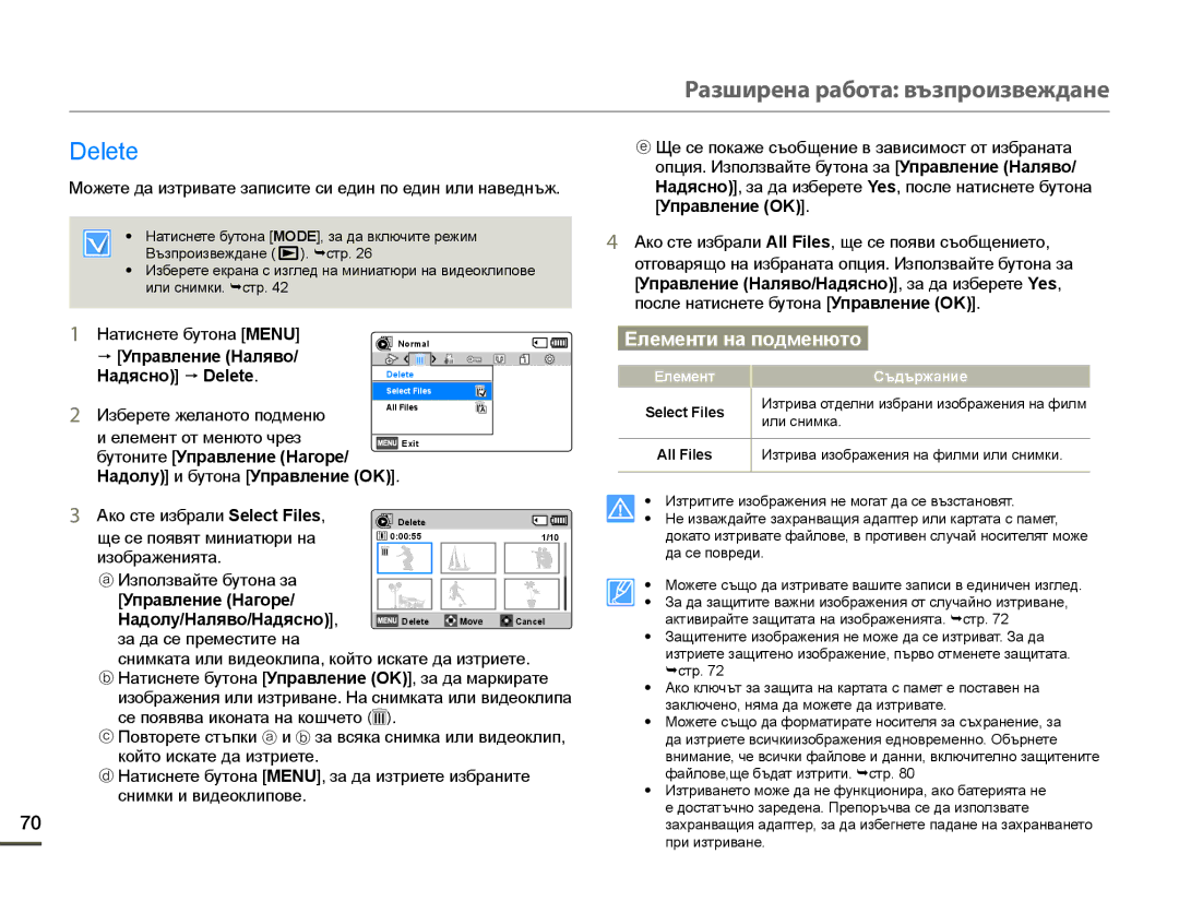 Samsung HMX-F90BP/EDC, HMX-F90WP/EDC  Управление Наляво Надясно  Delete, Управление Нагоре Надолу/Наляво/Надясно 