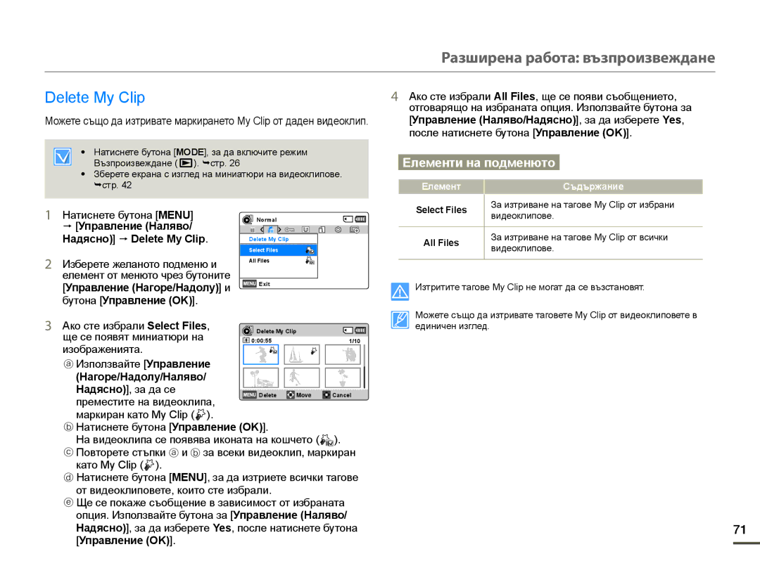 Samsung HMX-F90WP/EDC manual  Управление Наляво Надясно  Delete My Clip, Нагоре/Надолу/Наляво Надясно, за да се 