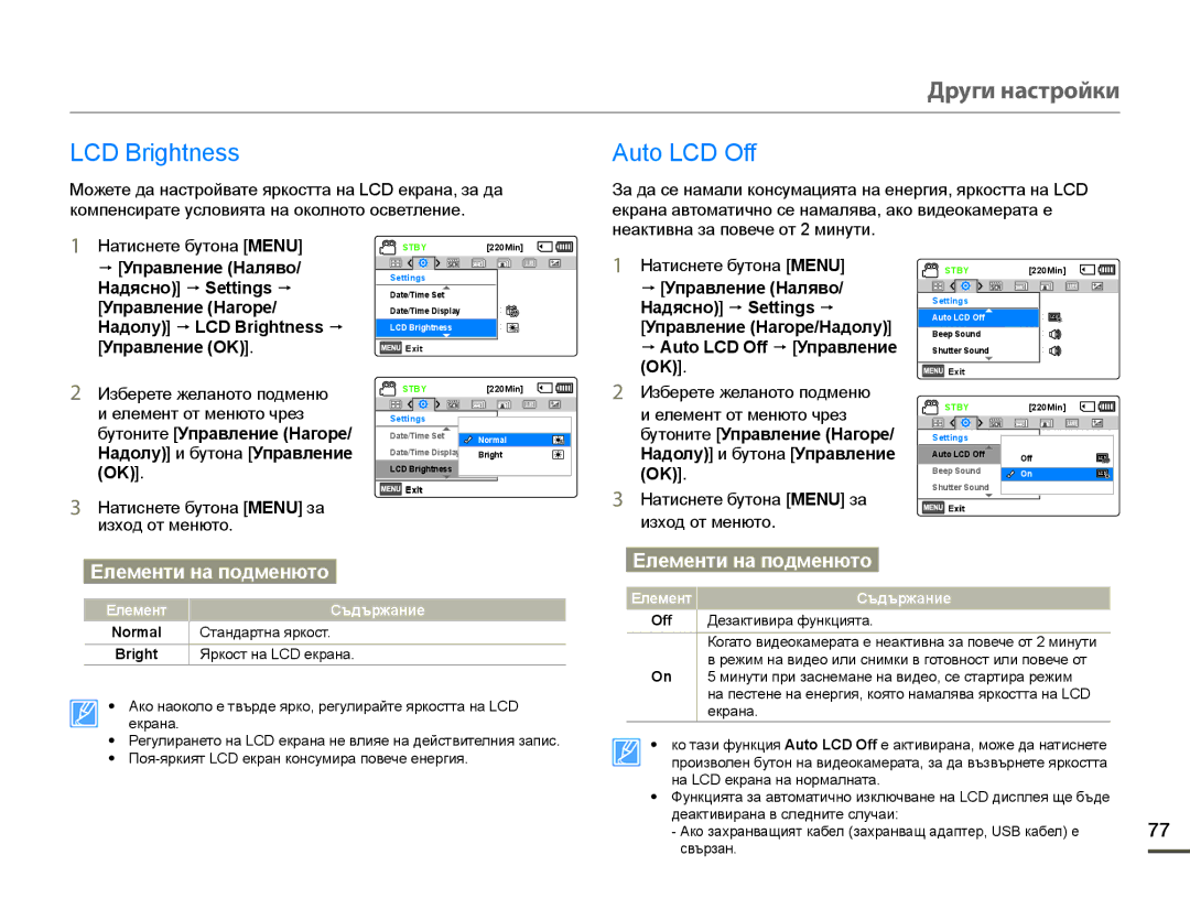 Samsung HMX-F90WP/EDC, HMX-F90BP/EDC Други настройки, LCD Brightness, Auto LCD Off, Натиснете бутона Menu, Изход от менюто 