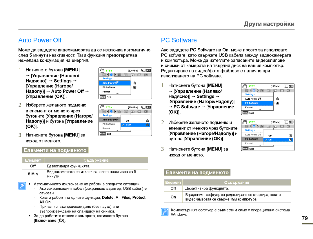 Samsung HMX-F90WP/EDC, HMX-F90BP/EDC manual Auto Power Off, PC Software, Редактиране на видео/фото файлове е налично при 