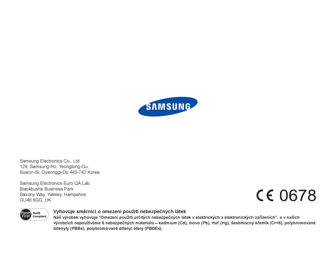 Samsung HMX-F90BP/EDC, HMX-F90WP/EDC manual Vyhovuje směrnici o omezení použití nebezpečných látek 