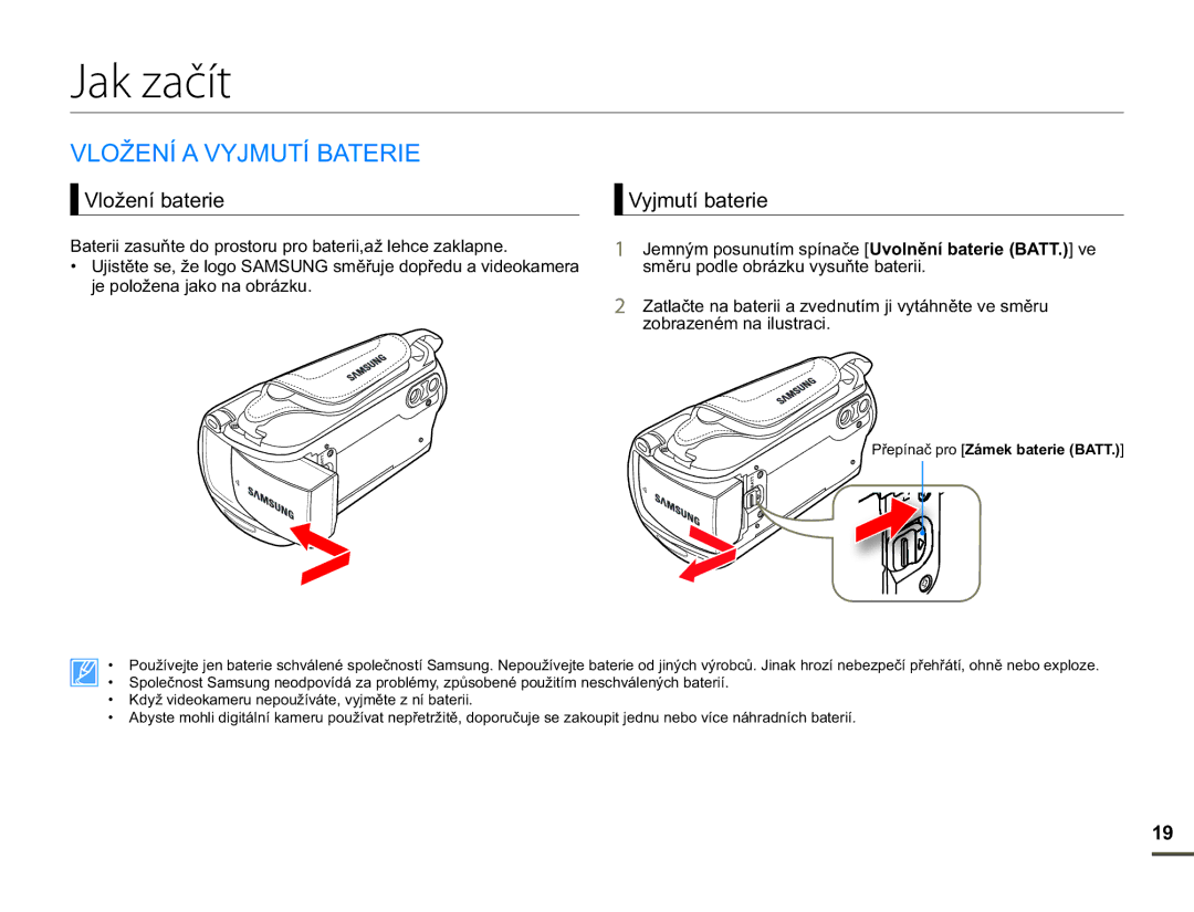 Samsung HMX-F90WP/EDC, HMX-F90BP/EDC manual Jak začít, 2ä1Ë$9-087Ë%$75, 9ORåHQtEDWHULH \MPXWtEDWHULH 