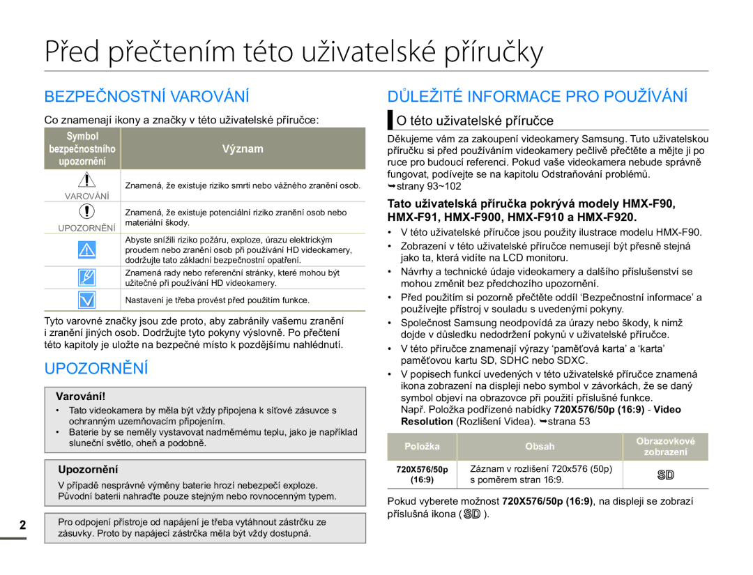 Samsung HMX-F90BP/EDC Před přečtením této uživatelské příručky, =3ý12671Ë9$529È1Ë, 7e,1250$&352328äË9È1Ë, 832=251ċ1Ë 