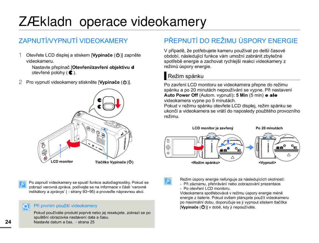 Samsung HMX-F90BP/EDC manual Základní operace videokamery, =$3187Ë93187Ë9,2.$053ě3187Ë25ä,08Ò632515, 5HåLPVSiQNX 