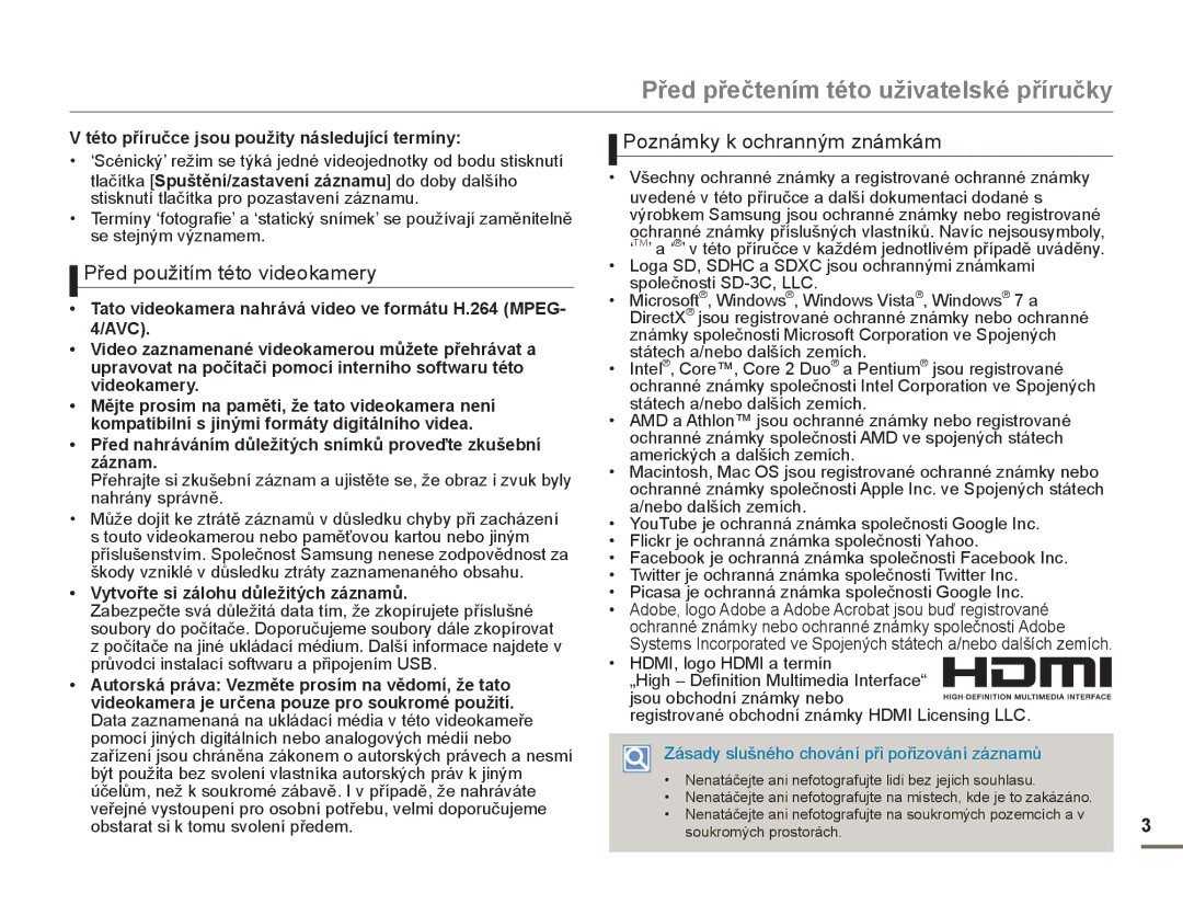 Samsung HMX-F90WP/EDC, HMX-F90BP/EDC manual Před přečtením této uživatelské příručky, Před použitím této videokamery 