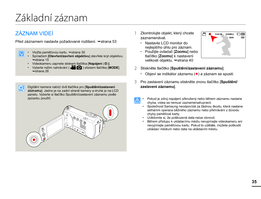 Samsung HMX-F90WP/EDC, HMX-F90BP/EDC manual Základní záznam, =È=1$09,Ë, DQDPHQiYDW, 1DVWDYWH/&PRQLWRUGR 