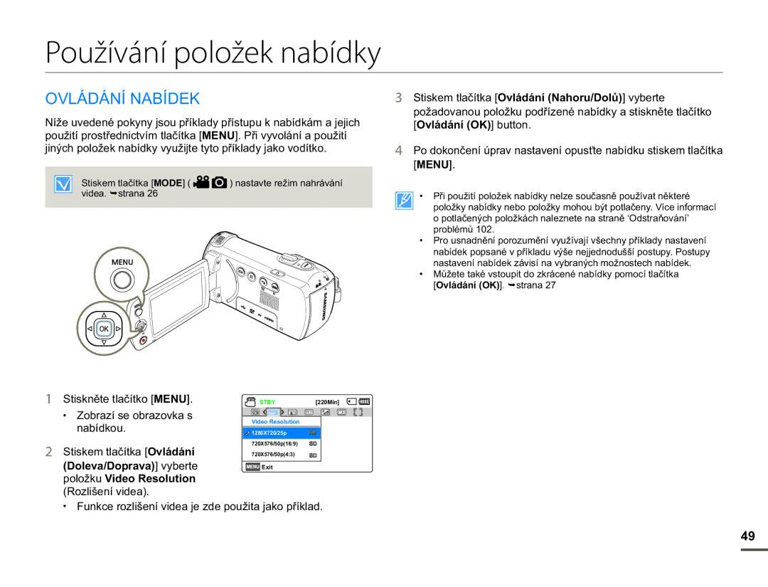 Samsung HMX-F90WP/EDC, HMX-F90BP/EDC manual Používání položek nabídky, 29/ÈÈ1Ë1$%Ë, 2YOiGiQt2.@EXWWRQ, 018 