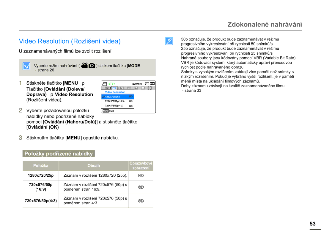 Samsung HMX-F90WP/EDC =GRNRQDOHQpQDKUiYiQt, 9LGHR5HVROXWLRQ5ROLãHQtYLGHD, DQDPHQiYDQêFKILOPĤOHYROLWUROLãHQt 