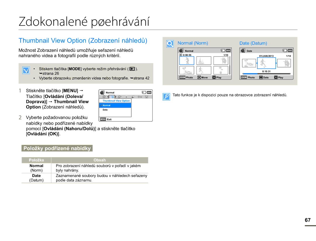 Samsung HMX-F90WP/EDC manual Zdokonalené pøehrávání, 7ODþtWNR2YOiGiQt ROHYD Rsudyd p 7KXPEQDLO9LHZ, Dwh, Dwxp 