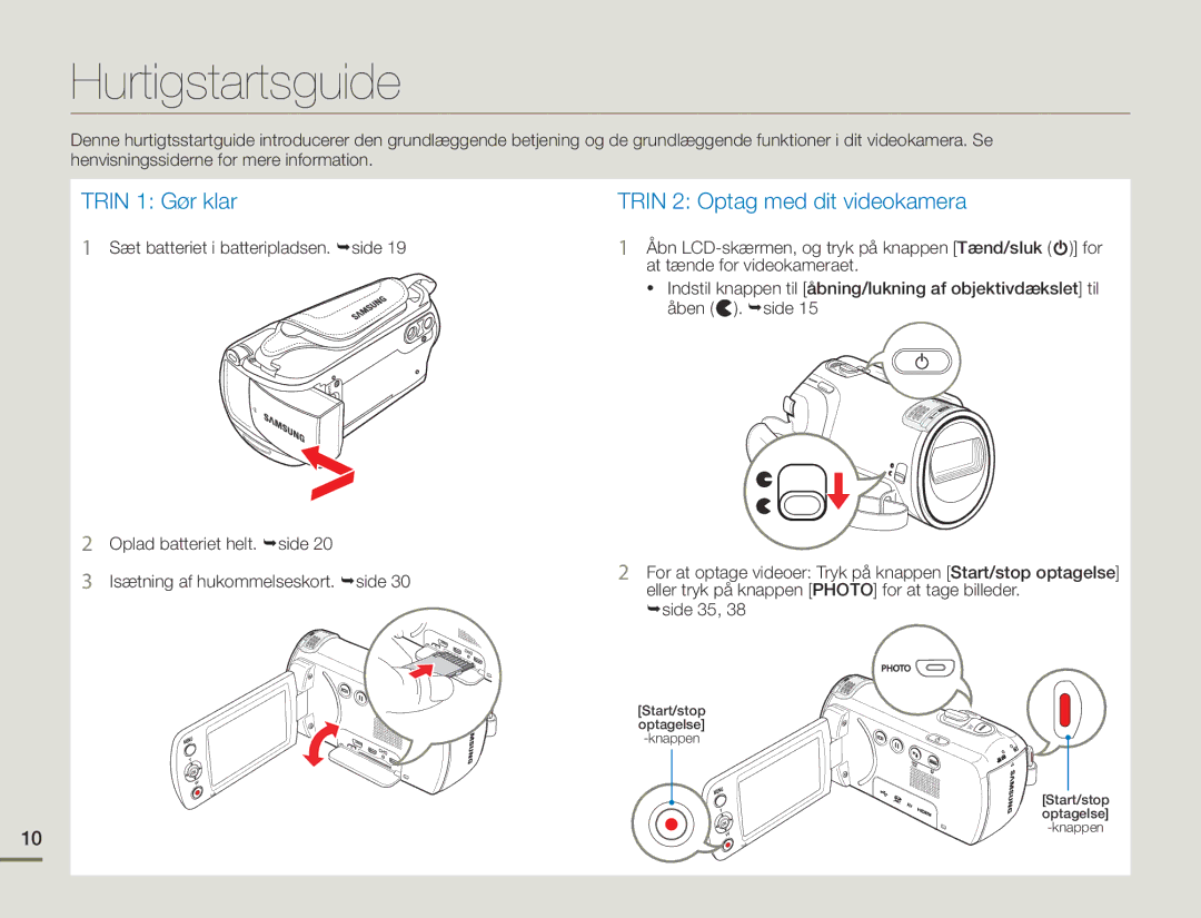 Samsung HMX-F90BP/EDC, HMX-F90WP/EDC manual Hurtigstartsguide, Trin 1 Gør klar 