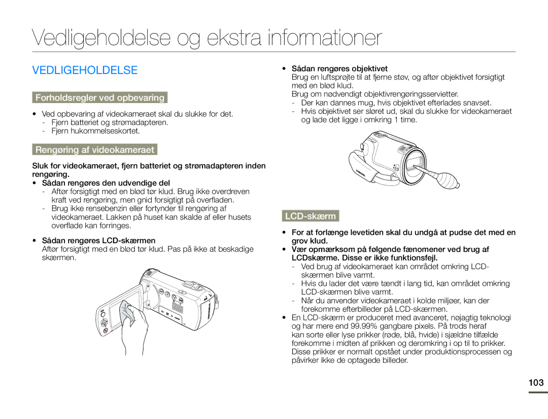 Samsung HMX-F90WP/EDC Vedligeholdelse og ekstra informationer, Forholdsregler ved opbevaring, Rengøring af videokameraet 