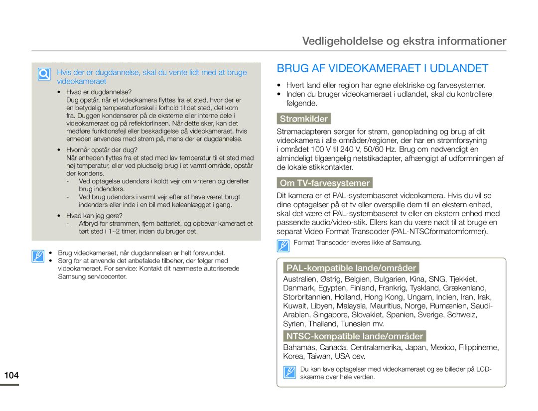 Samsung HMX-F90BP/EDC, HMX-F90WP/EDC manual Vedligeholdelse og ekstra informationer, Brug AF Videokameraet I Udlandet 