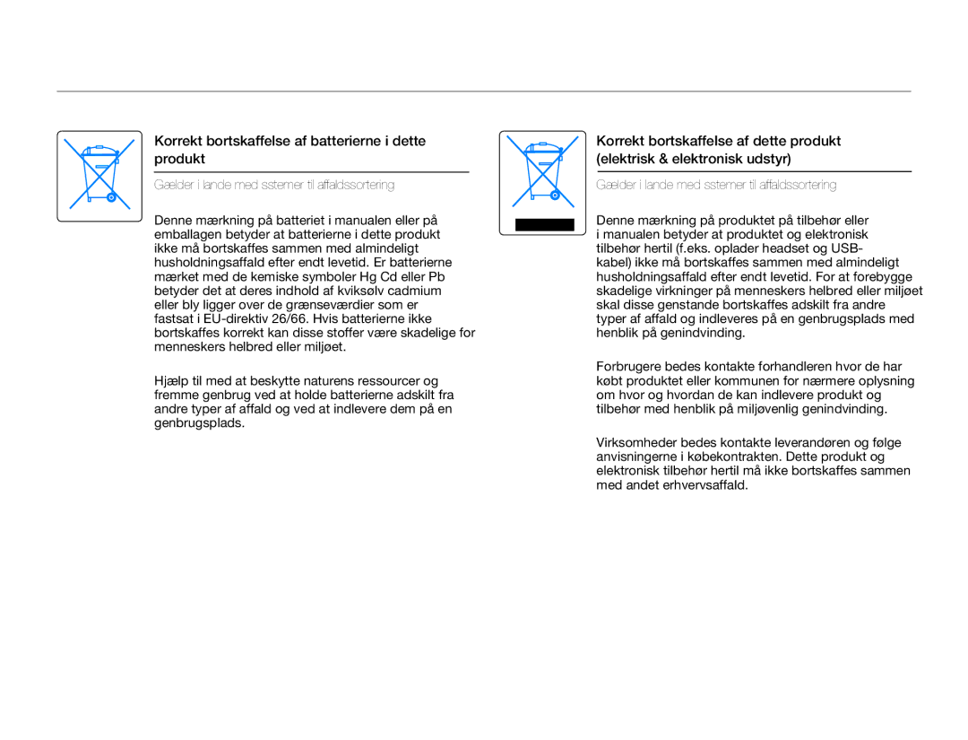 Samsung HMX-F90WP/EDC, HMX-F90BP/EDC manual Korrekt bortskaffelse af batterierne i dette produkt 