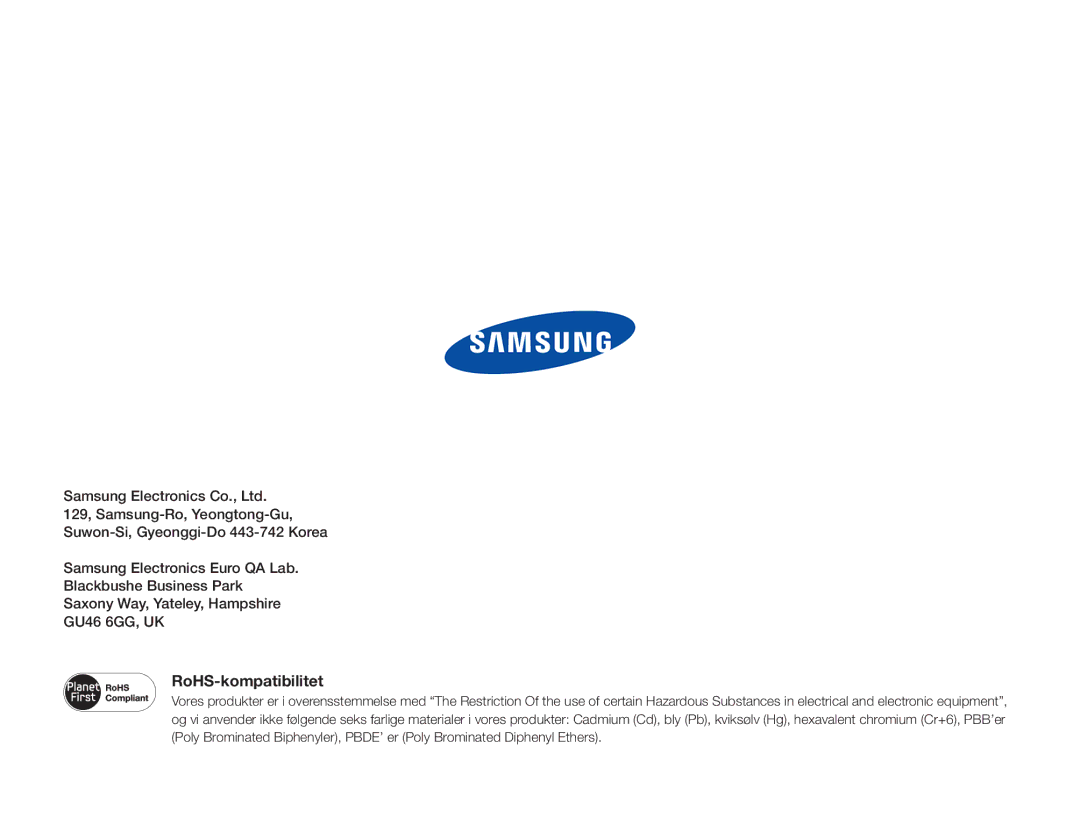 Samsung HMX-F90BP/EDC, HMX-F90WP/EDC manual RoHS-kompatibilitet 