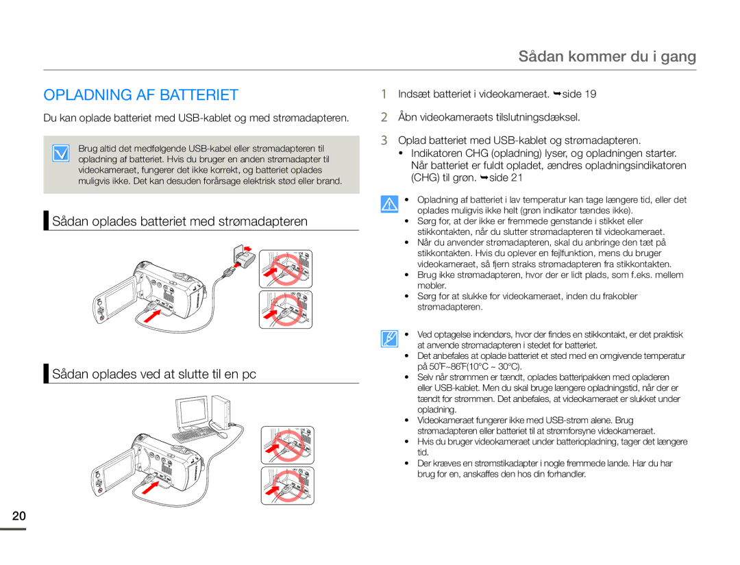 Samsung HMX-F90BP/EDC, HMX-F90WP/EDC manual Sådan kommer du i gang, Opladning AF Batteriet 