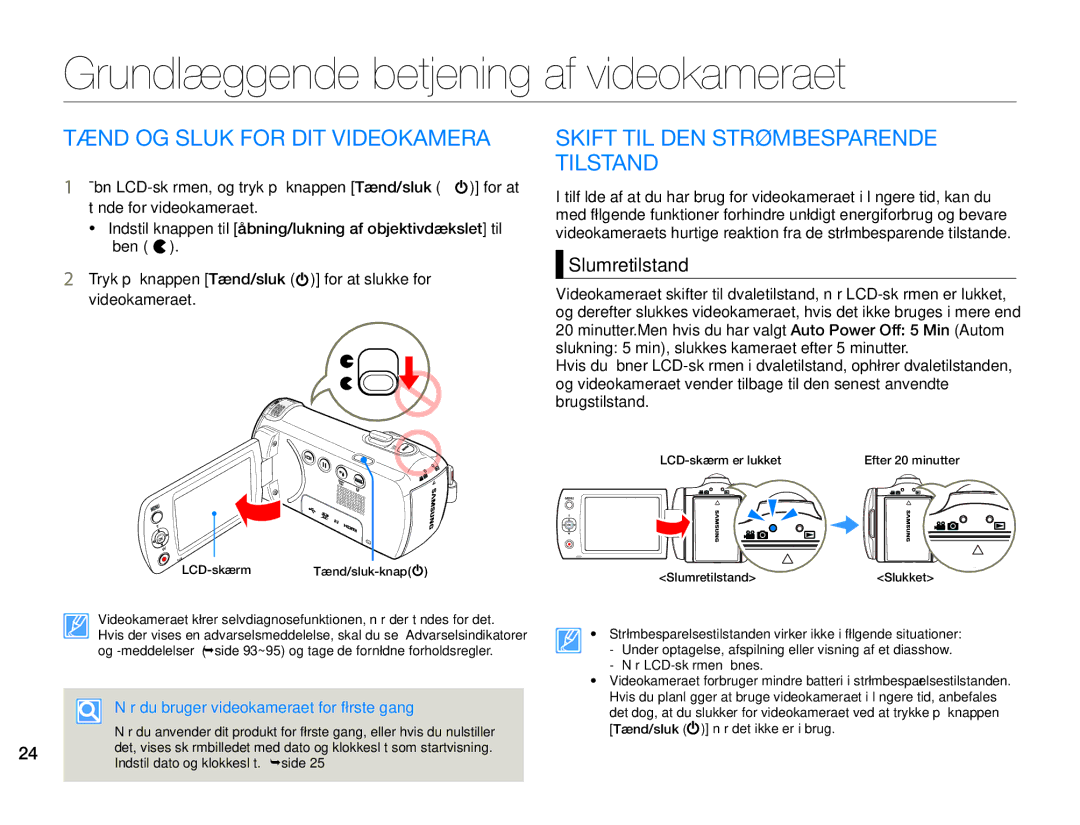 Samsung HMX-F90BP/EDC manual Grundlæggende betjening af videokameraet, Tænd OG Sluk for DIT Videokamera, Slumretilstand 