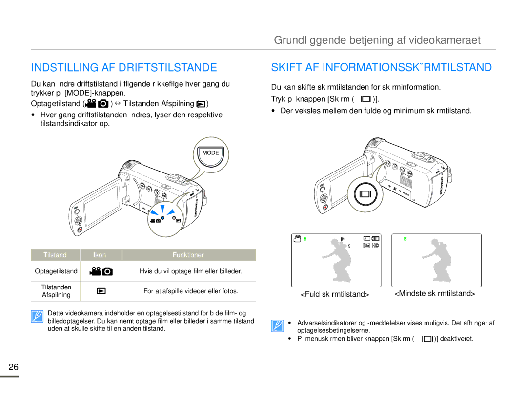 Samsung HMX-F90BP/EDC manual Indstilling AF Driftstilstande, Skift AF Informationsskærmtilstand, Fuld skærmtilstand 