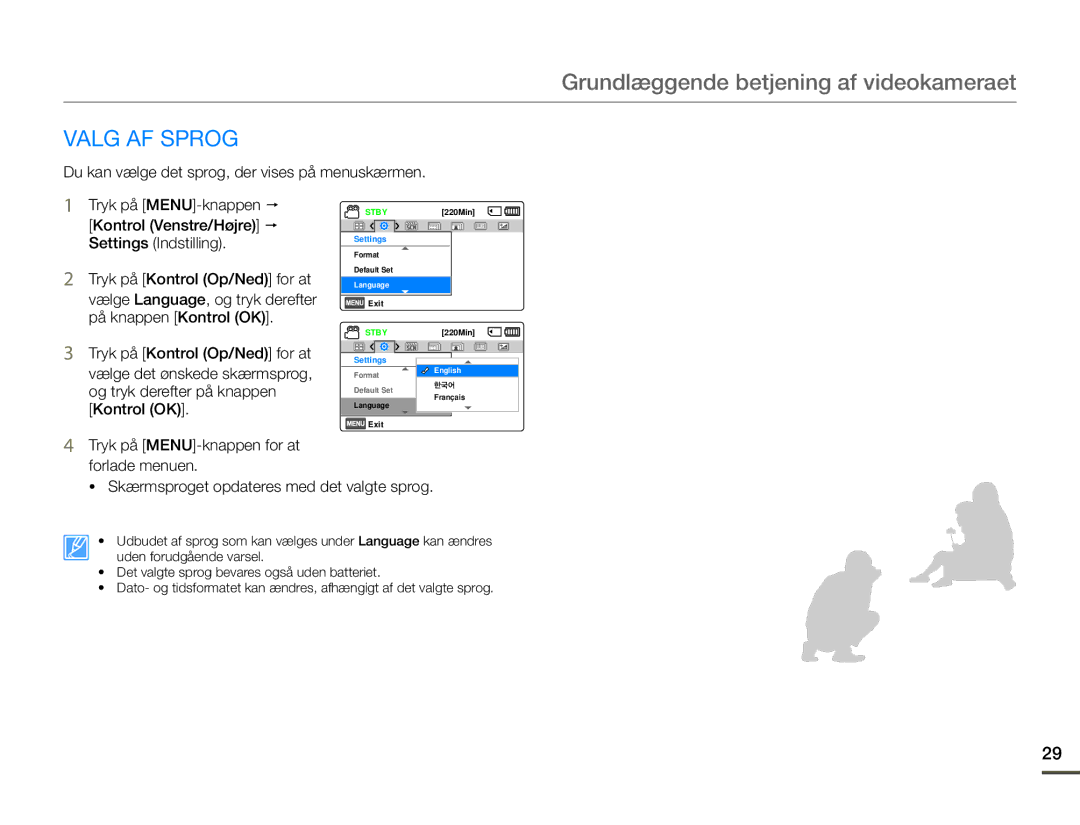 Samsung HMX-F90WP/EDC, HMX-F90BP/EDC manual Valg AF Sprog 