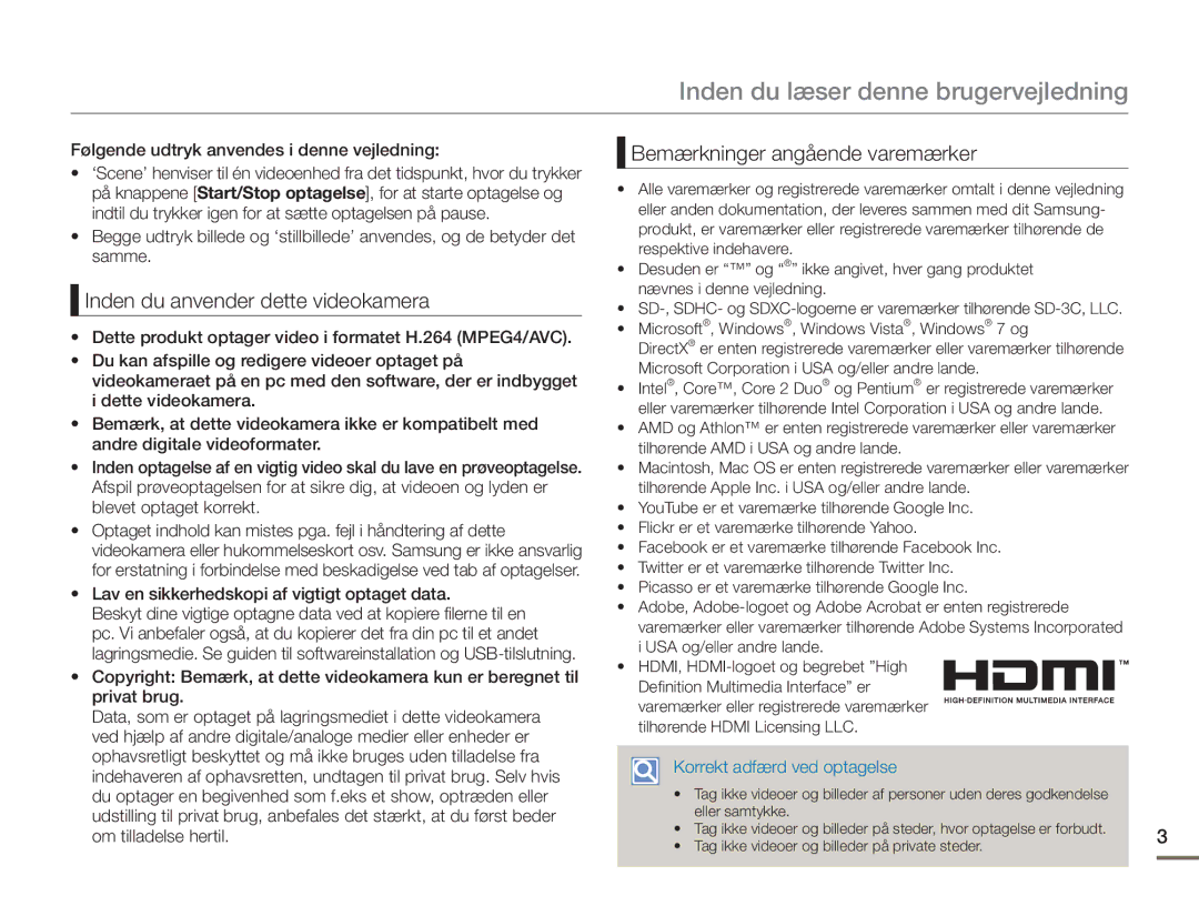 Samsung HMX-F90WP/EDC, HMX-F90BP/EDC manual Inden du læser denne brugervejledning, Inden du anvender dette videokamera 