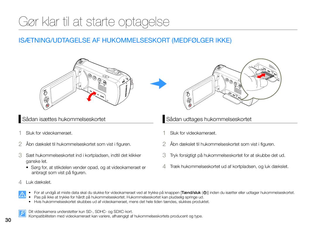 Samsung HMX-F90BP/EDC manual Gør klar til at starte optagelse, ISÆTNING/UDTAGELSE AF Hukommelseskort Medfølger Ikke 