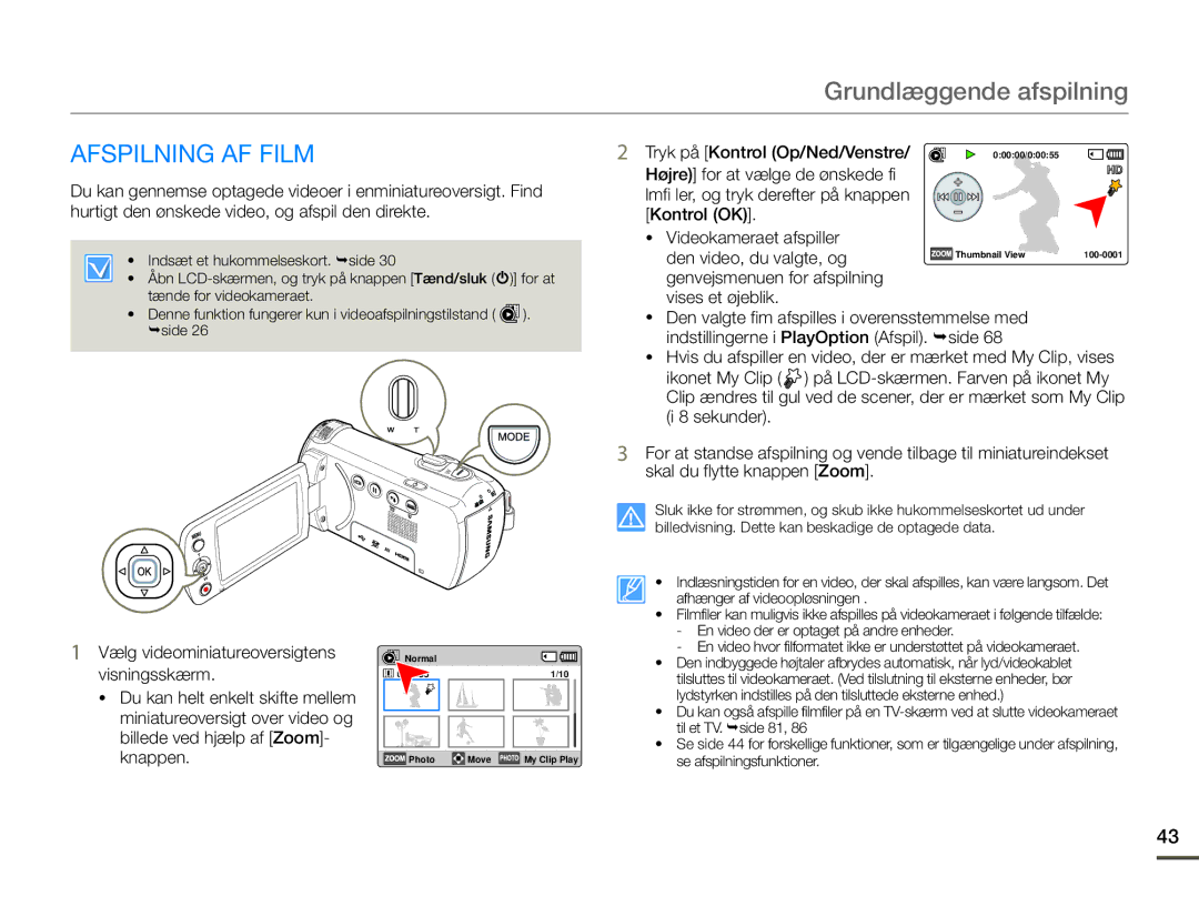 Samsung HMX-F90WP/EDC, HMX-F90BP/EDC manual Grundlæggende afspilning, Afspilning AF Film, Tryk på Kontrol Op/Ned/Venstre 