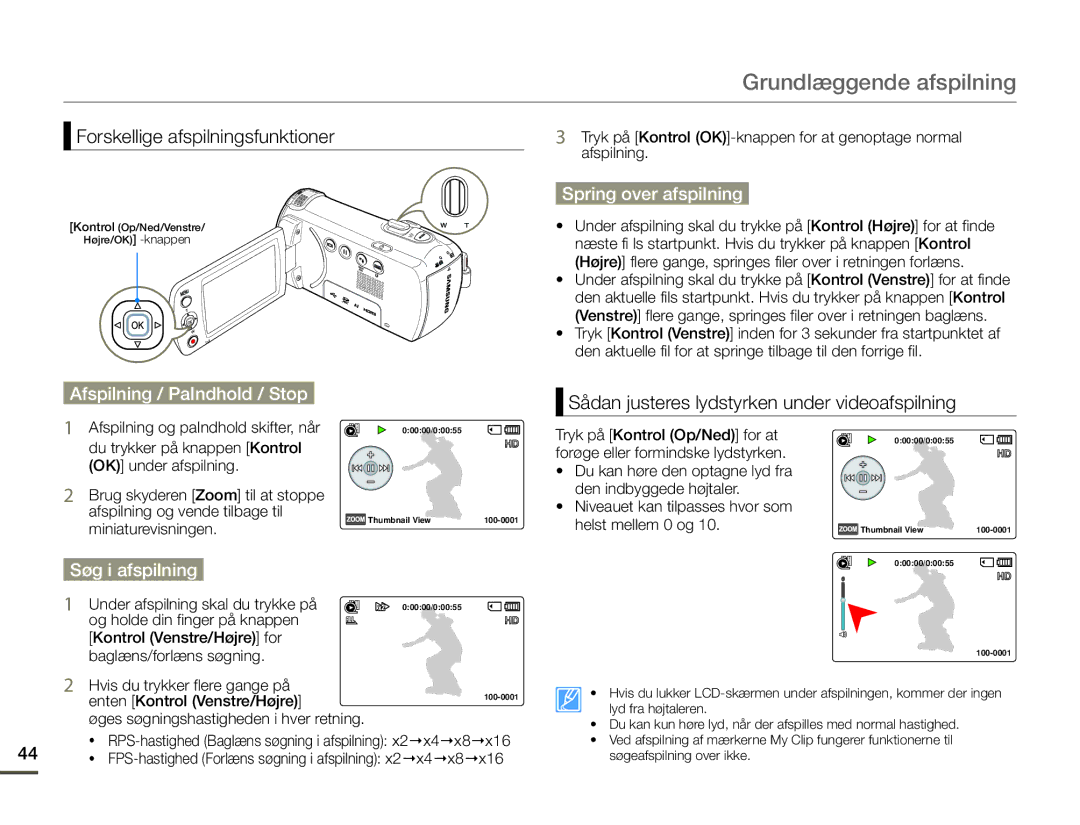 Samsung HMX-F90BP/EDC manual Forskellige afspilningsfunktioner, Spring over afspilning, Afspilning / PaIndhold / Stop 