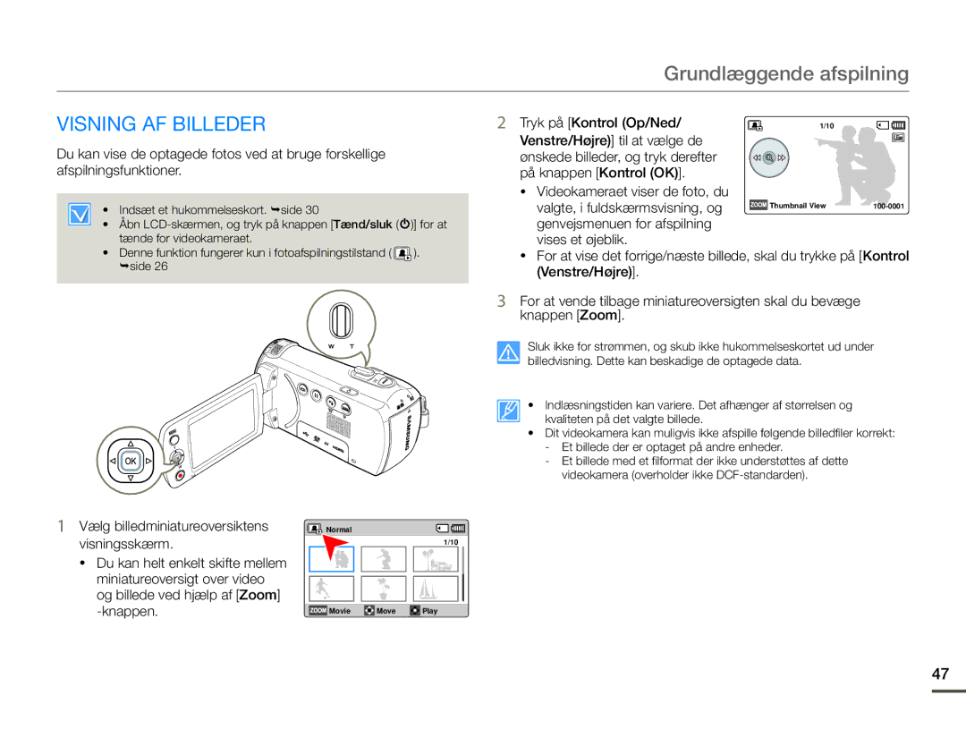 Samsung HMX-F90WP/EDC, HMX-F90BP/EDC manual Visning AF Billeder, Tryk på Kontrol Op/Ned 