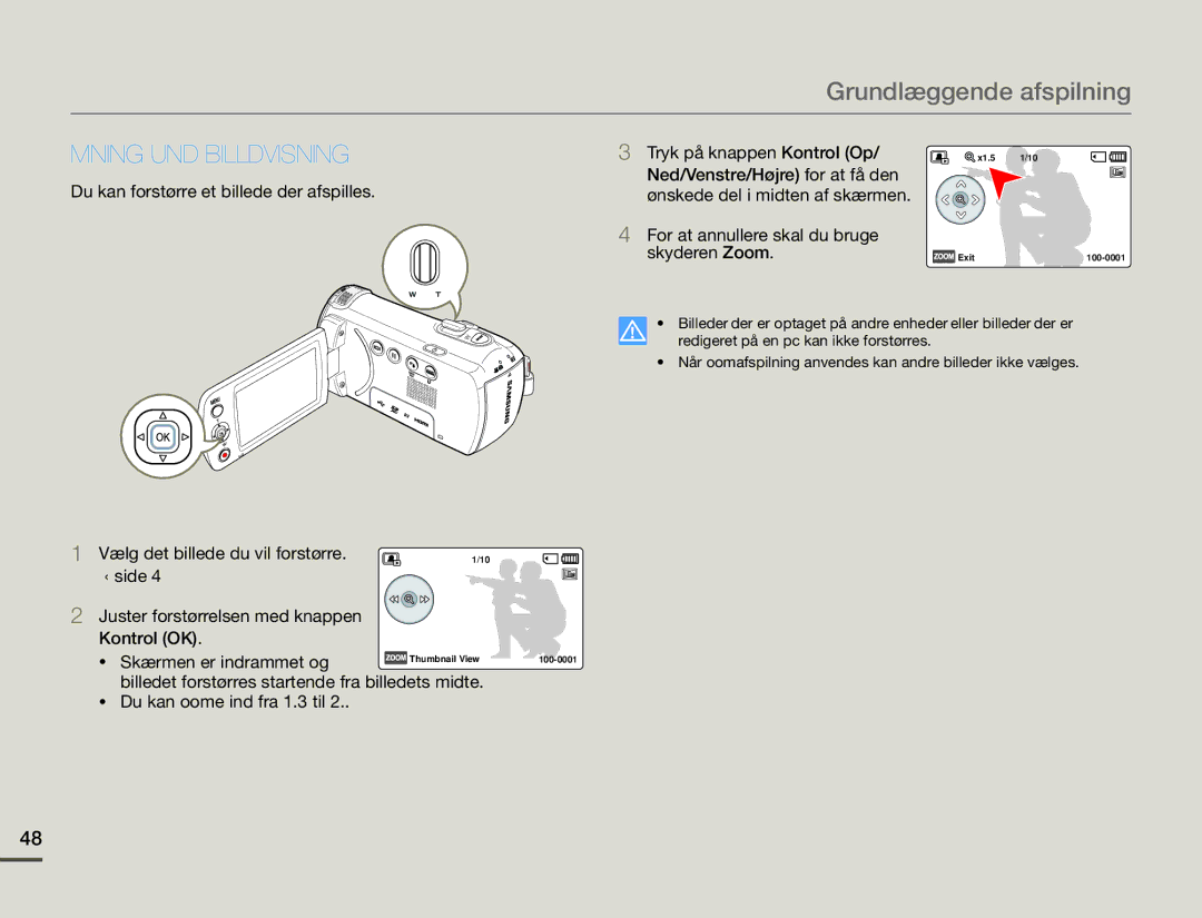 Samsung HMX-F90BP/EDC manual Zoomning Under Billedvisning, Vælg det billede, du vil forstørre, Skærmen er indrammet, og 