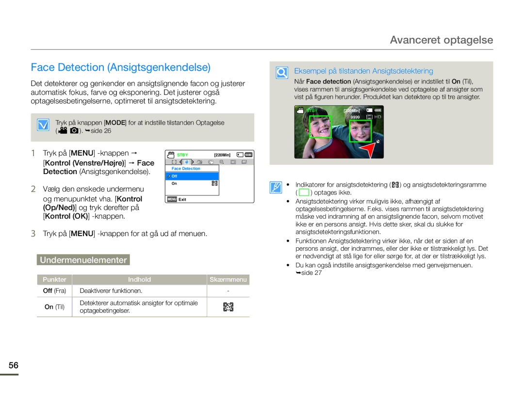 Samsung HMX-F90BP/EDC, HMX-F90WP/EDC manual Face Detection Ansigtsgenkendelse, Eksempel på tilstanden Ansigtsdetektering 