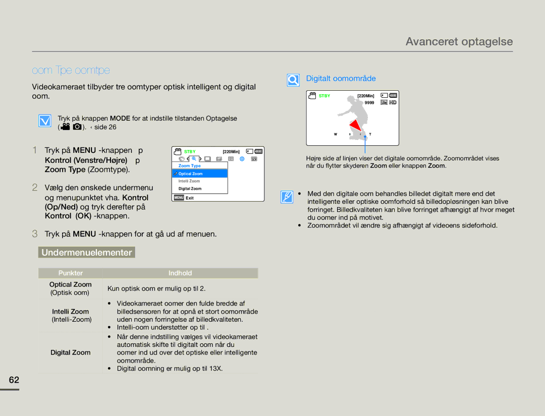 Samsung HMX-F90BP/EDC, HMX-F90WP/EDC manual Zoom Type Zoomtype, Digitalt zoomområde 