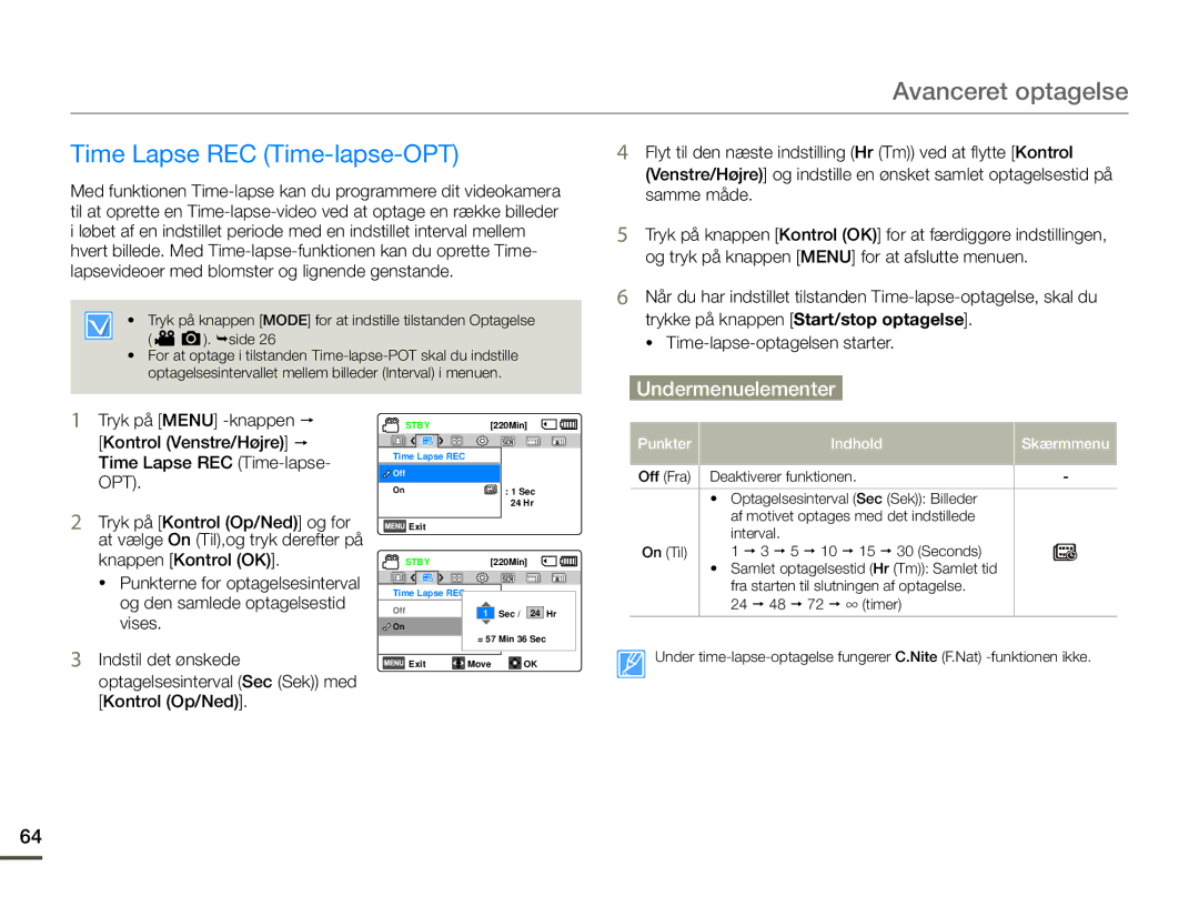 Samsung HMX-F90BP/EDC, HMX-F90WP/EDC manual Time Lapse REC Time-lapse-OPT 