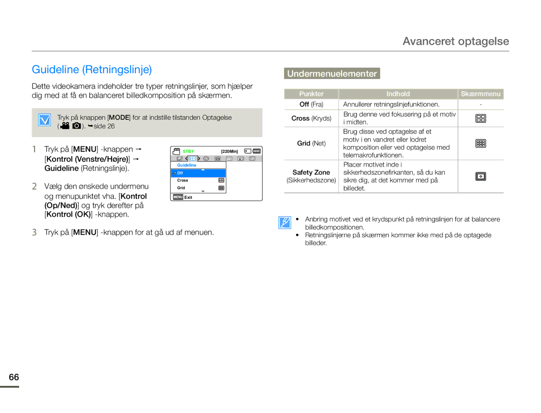 Samsung HMX-F90BP/EDC, HMX-F90WP/EDC manual Guideline Retningslinje, Tryk på Menu -knappen for at gå ud af menuen 