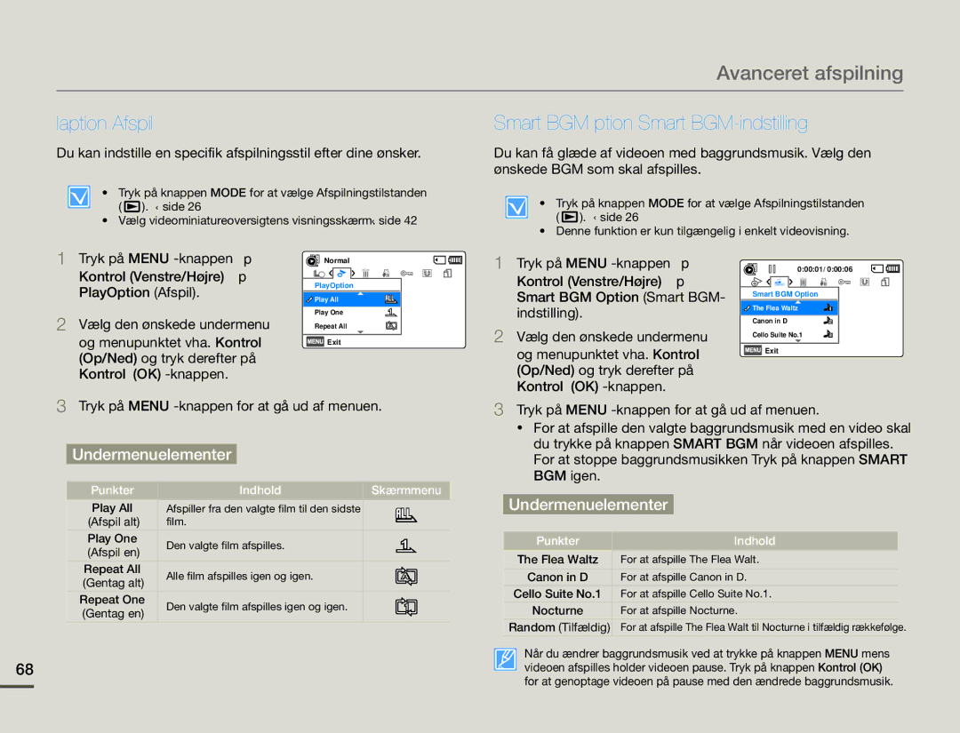 Samsung HMX-F90BP/EDC, HMX-F90WP/EDC manual Avanceret afspilning, PlayOption Afspil Smart BGM Option Smart BGM-indstilling 