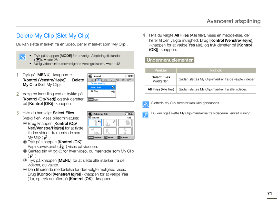 Samsung HMX-F90WP/EDC, HMX-F90BP/EDC manual Delete My Clip Slet My Clip 