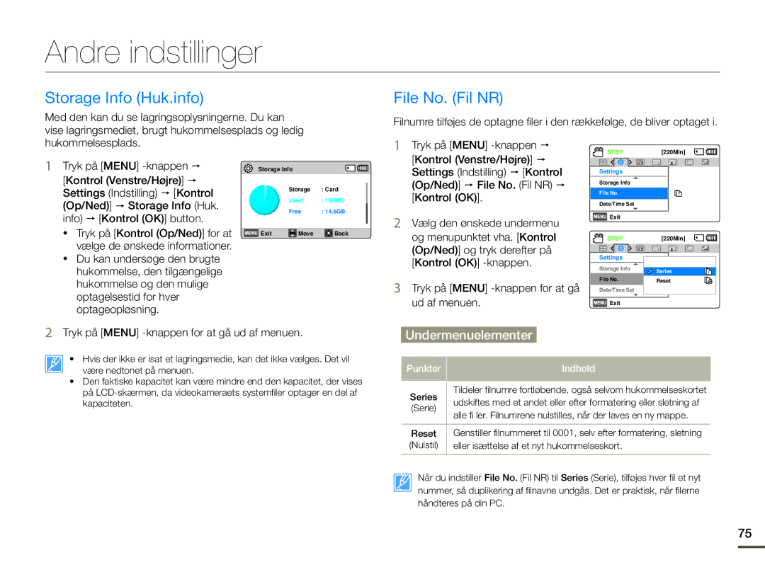 Samsung HMX-F90WP/EDC, HMX-F90BP/EDC manual Andre indstillinger, Storage Info Huk.info, File No. Fil NR 