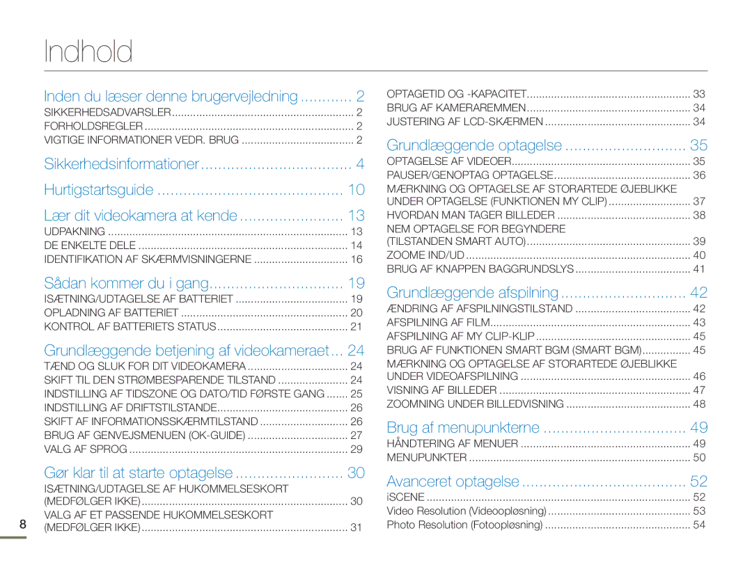 Samsung HMX-F90BP/EDC, HMX-F90WP/EDC manual Indhold, Inden du læser denne brugervejledning 