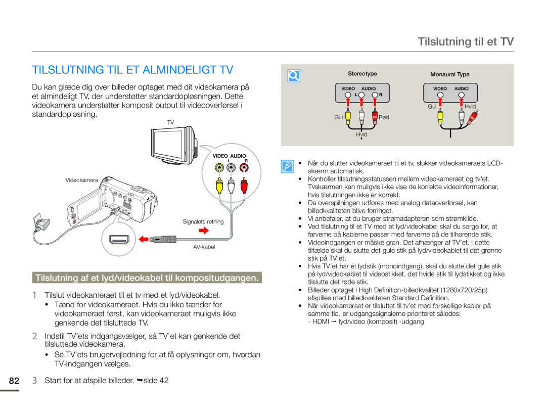 Samsung HMX-F90BP/EDC Tilslutning til et TV, Tilslutning TIL ET Almindeligt TV, 82 3 Start for at afspille billeder. side 