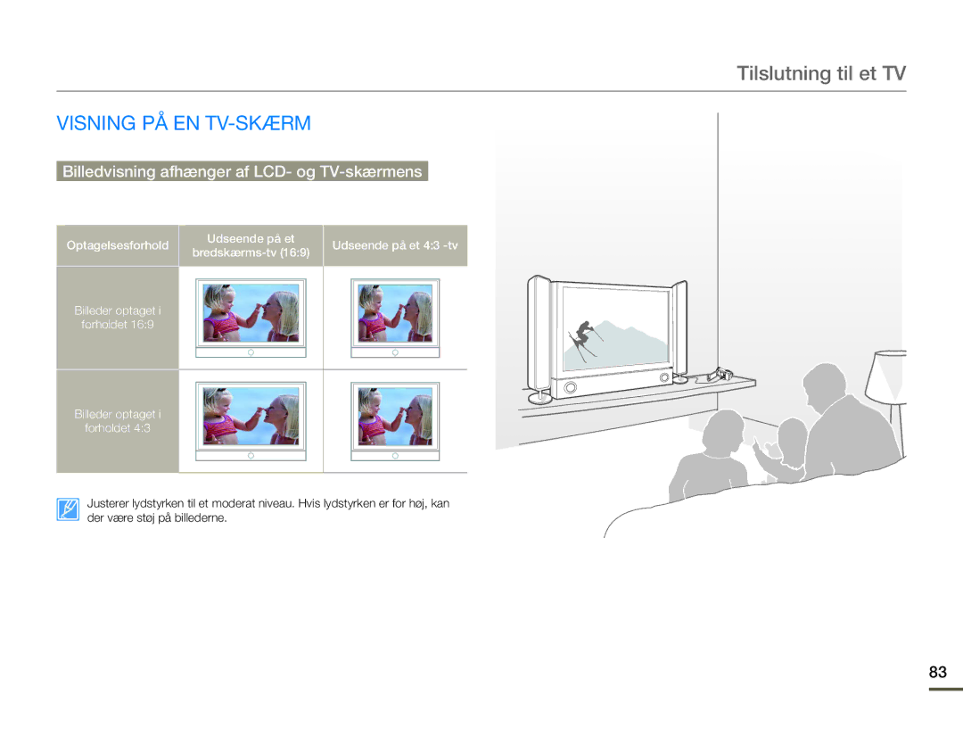 Samsung HMX-F90WP/EDC, HMX-F90BP/EDC manual Visning PÅ EN TV-SKÆRM, Billedvisning afhænger af LCD- og TV-skærmens forhold 