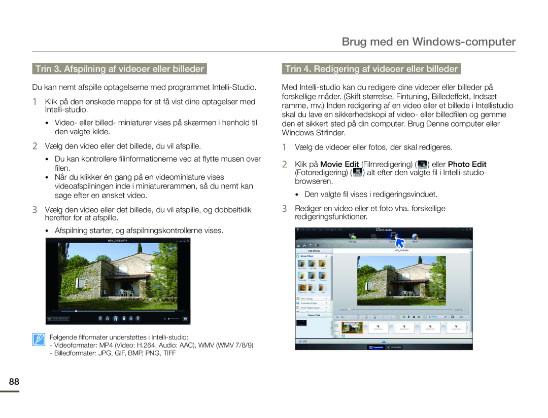 Samsung HMX-F90BP/EDC manual Trin 3. Afspilning af videoer eller billeder, Trin 4. Redigering af videoer eller billeder 