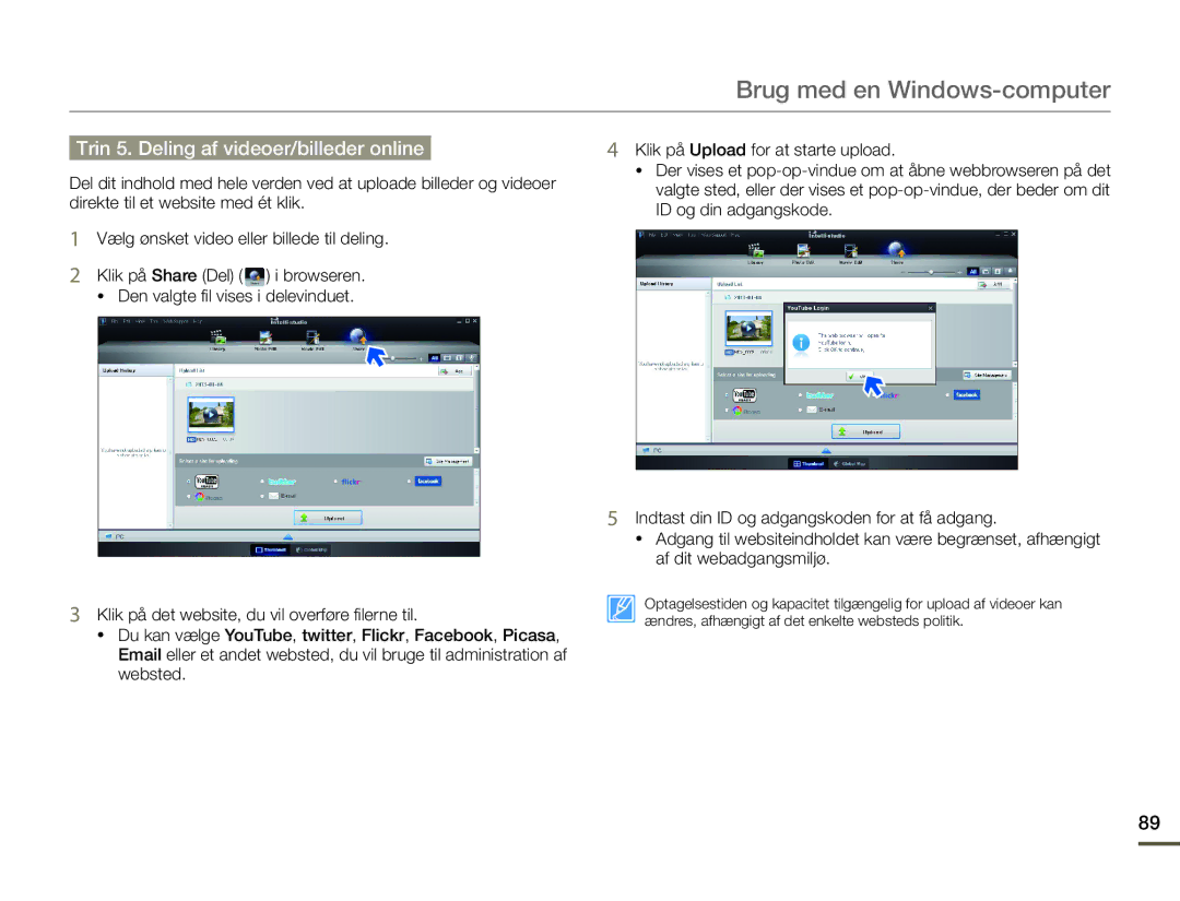 Samsung HMX-F90WP/EDC, HMX-F90BP/EDC manual Trin 5. Deling af videoer/billeder online 