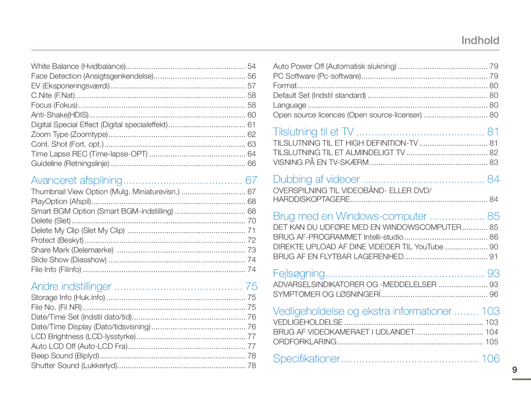 Samsung HMX-F90WP/EDC, HMX-F90BP/EDC manual Indhold, 103, 106 