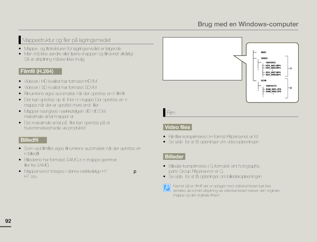 Samsung HMX-F90BP/EDC, HMX-F90WP/EDC manual Filmfil H.264 ①, Billedfil ②, Video files, Billeder 