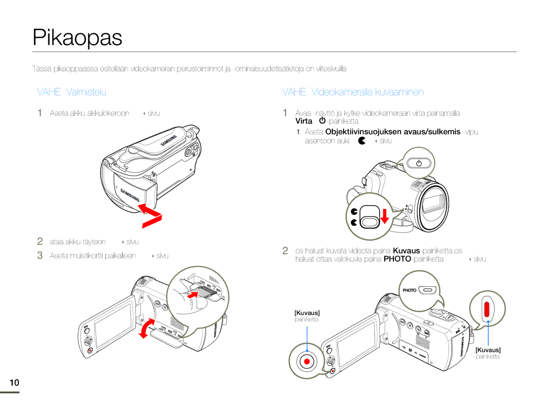 Samsung HMX-F90BP/EDC, HMX-F90WP/EDC manual Pikaopas, Aseta akku akkulokeroon. sivu 