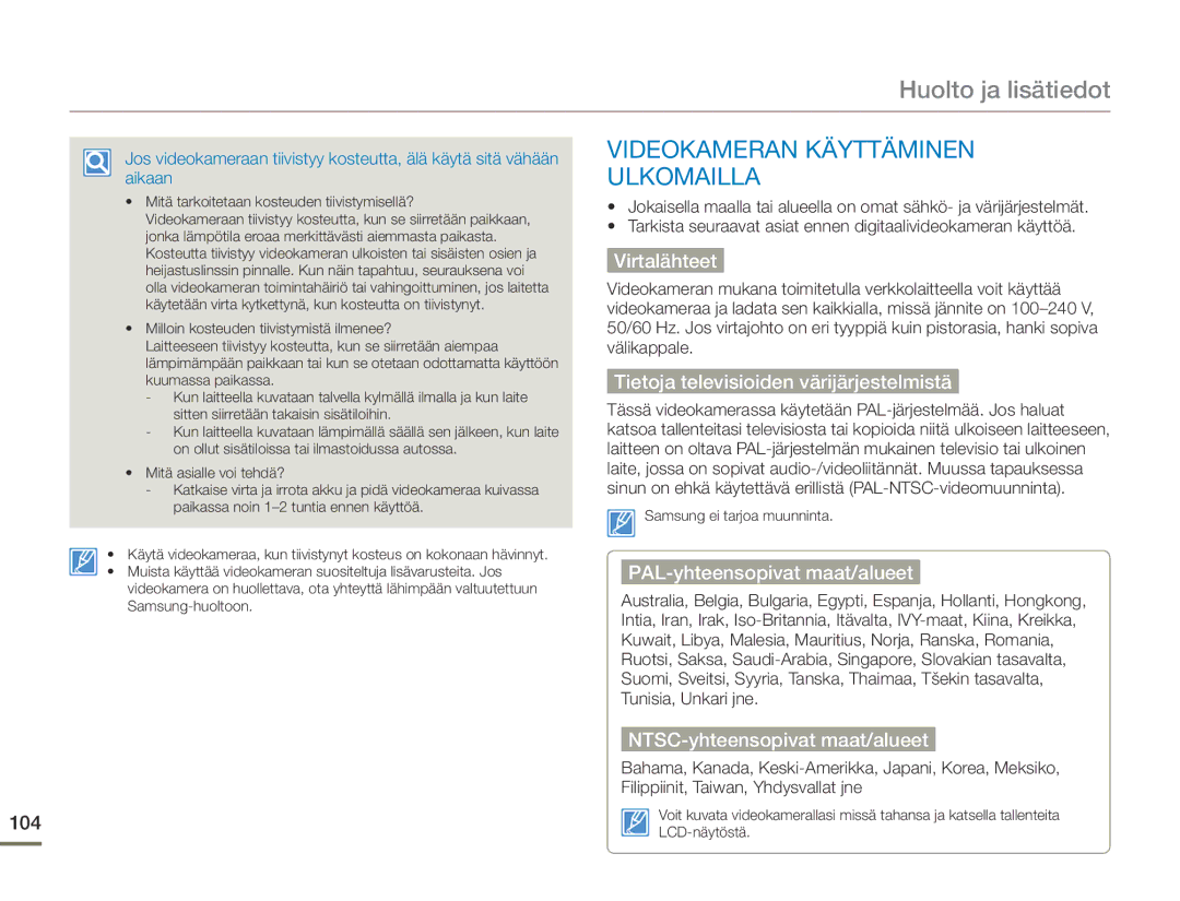 Samsung HMX-F90BP/EDC, HMX-F90WP/EDC manual Huolto ja lisätiedot, Videokameran Käyttäminen Ulkomailla 