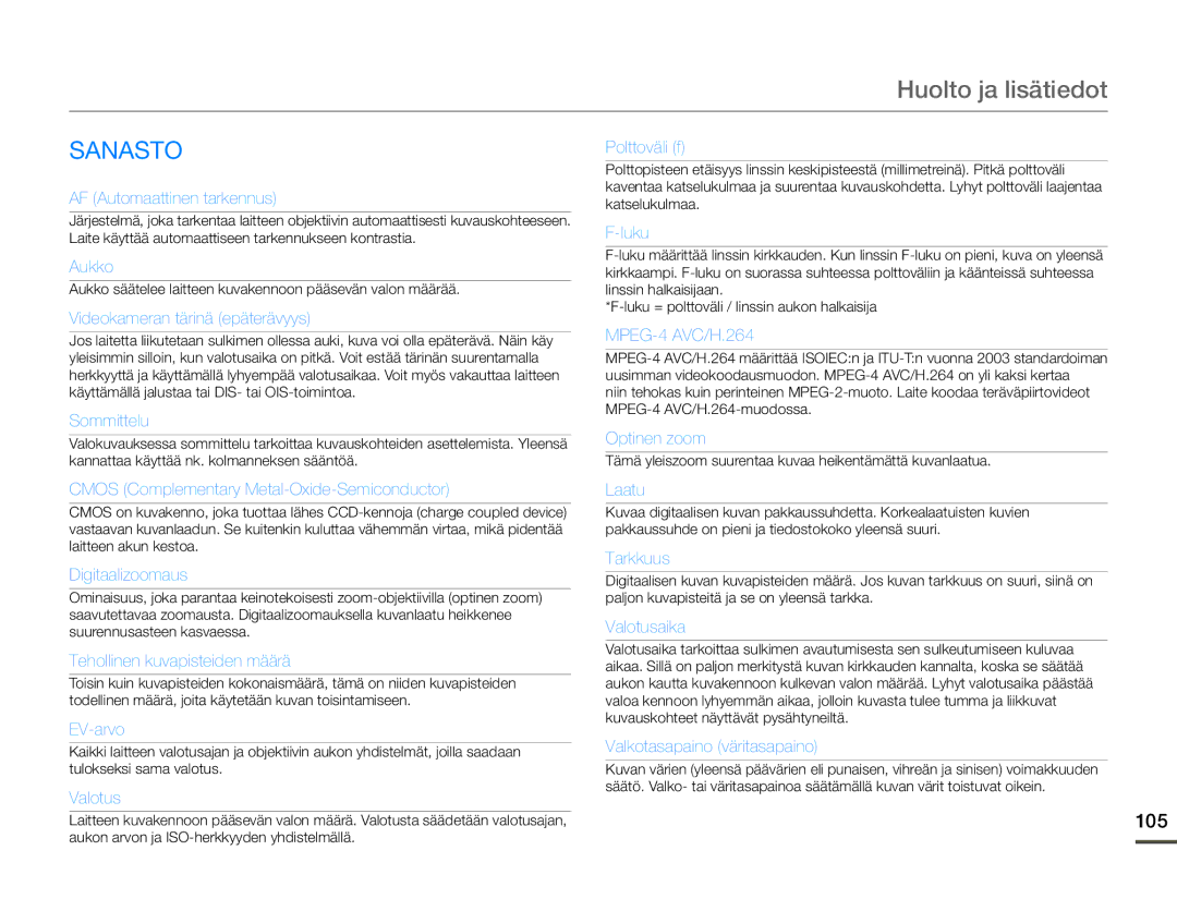 Samsung HMX-F90WP/EDC, HMX-F90BP/EDC manual Sanasto, 105 