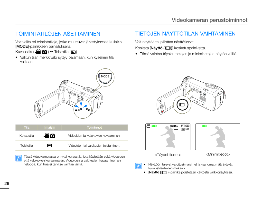 Samsung HMX-F90BP/EDC manual Toimintatilojen Asettaminen, Tietojen Näyttötilan Vaihtaminen, Täydet tiedot Minimitiedot 