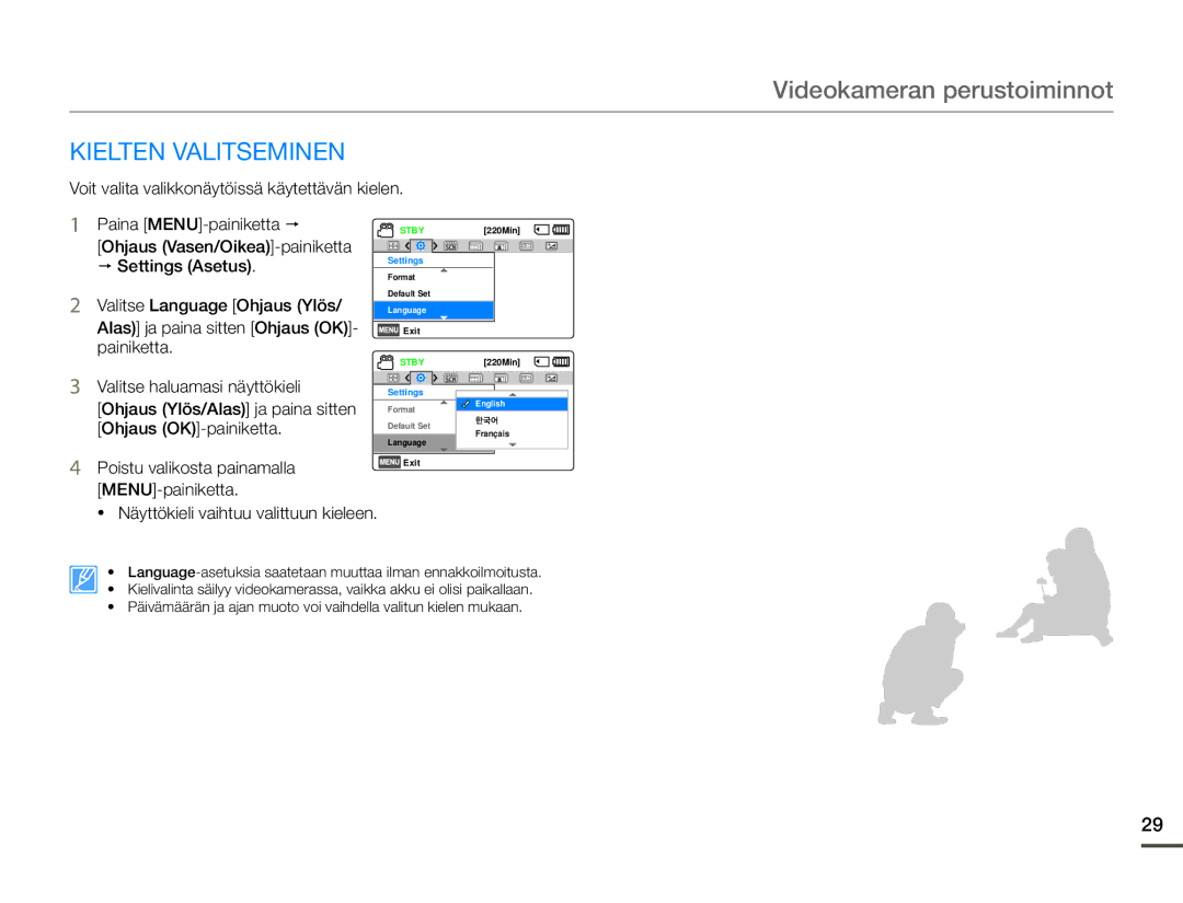 Samsung HMX-F90WP/EDC, HMX-F90BP/EDC manual Kielten Valitseminen 