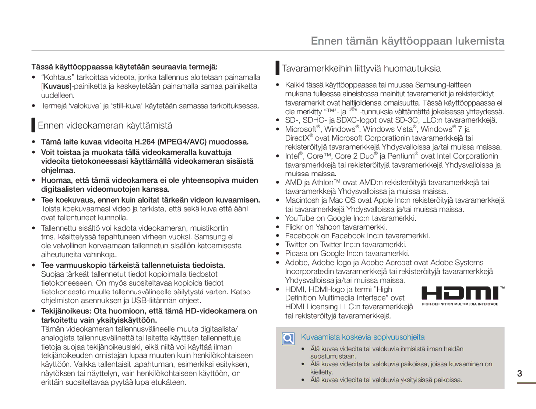 Samsung HMX-F90WP/EDC, HMX-F90BP/EDC manual Ennen tämän käyttöoppaan lukemista, Ennen videokameran käyttämistä 