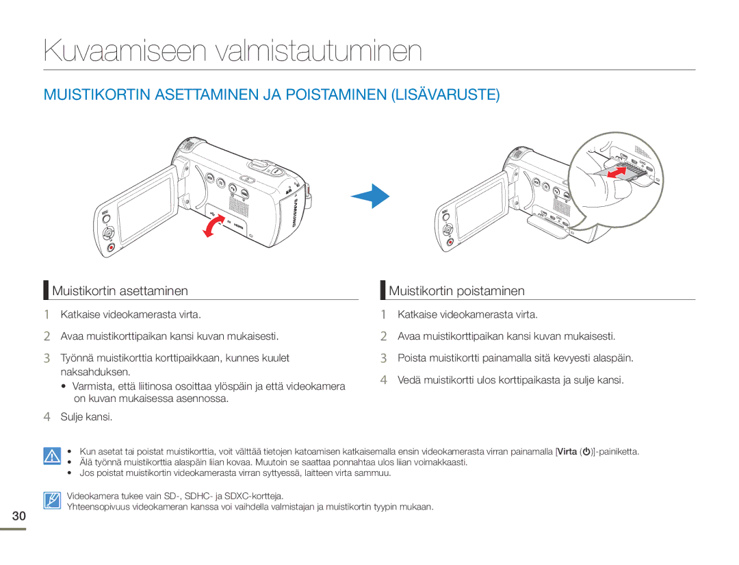 Samsung HMX-F90BP/EDC, HMX-F90WP/EDC Kuvaamiseen valmistautuminen, Muistikortin Asettaminen JA Poistaminen Lisävaruste 