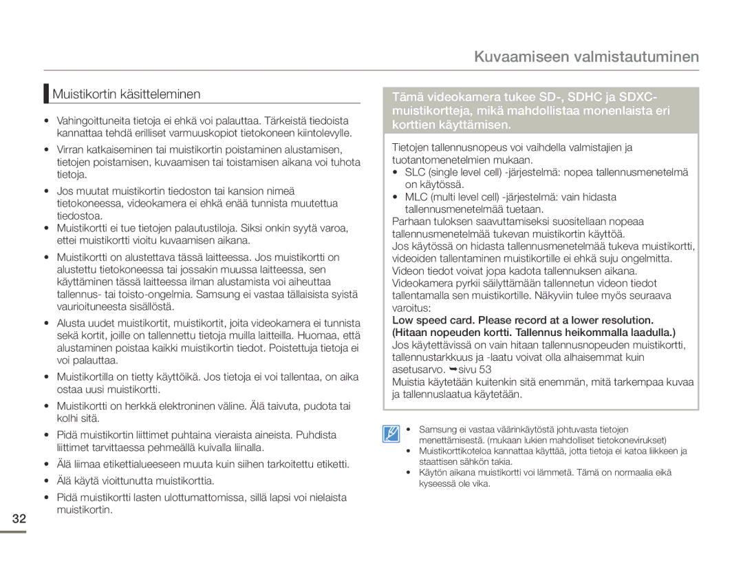 Samsung HMX-F90BP/EDC, HMX-F90WP/EDC manual Muistikortin käsitteleminen 